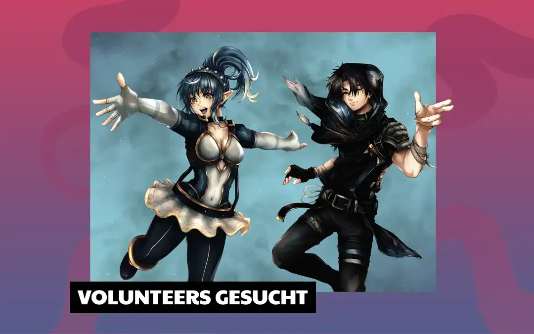 GEEKWORLD Volunteers gesucht! Zwei Anime Charaktere vor Nebelhintergrund.