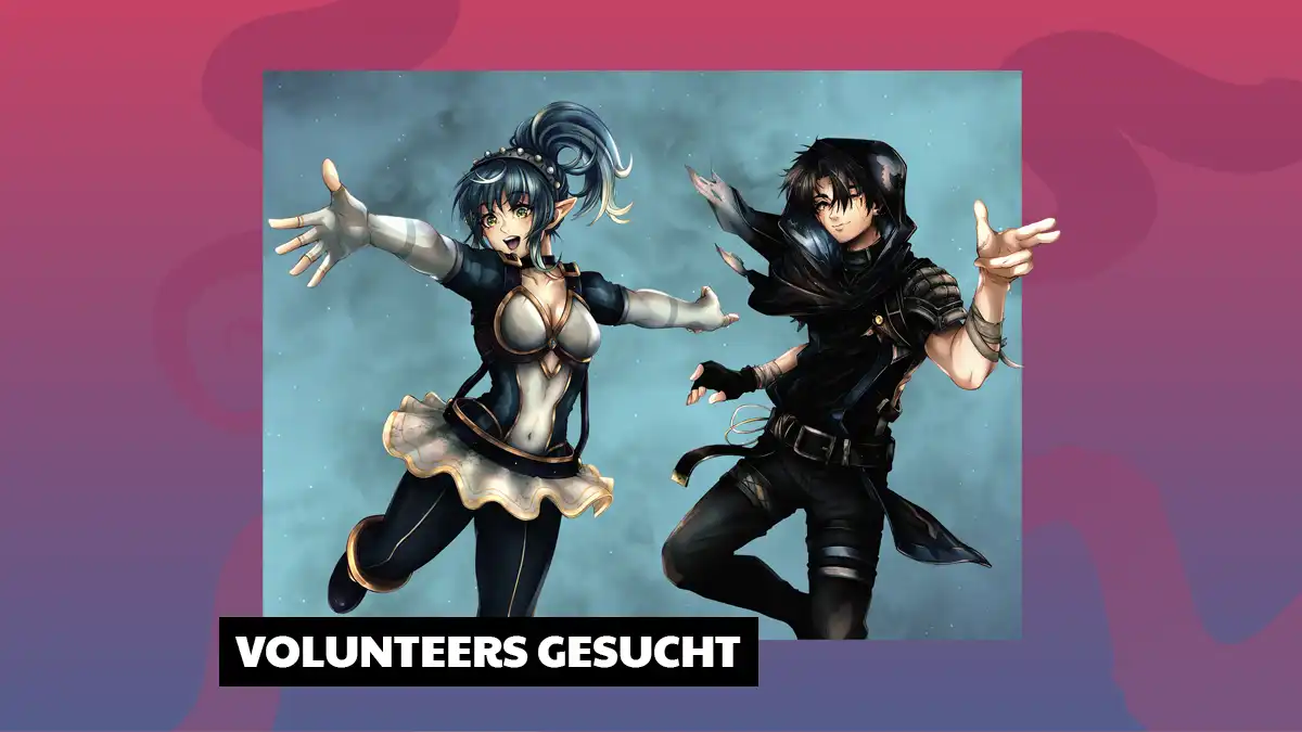 GEEKWORLD Volunteers gesucht! Zwei Anime Charaktere vor Nebelhintergrund.
