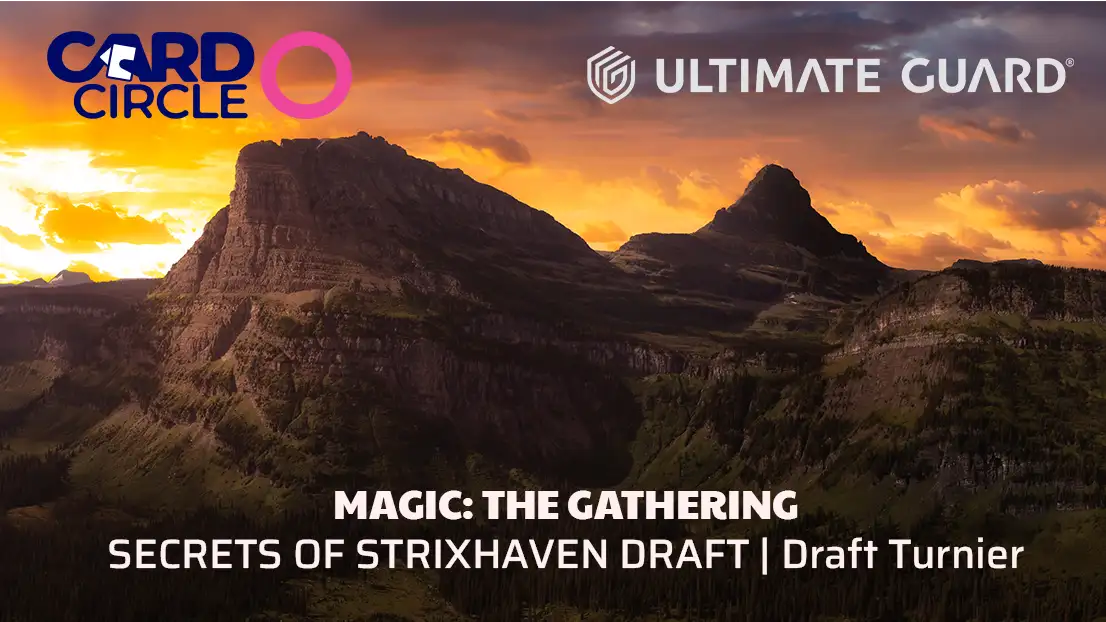 Magic the Gathering Turnier Ankündigung zeigt Fantasy Berge mit Sonnenaufgang
